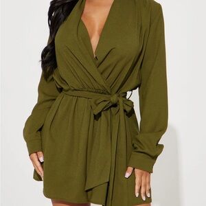 Olive Green Long Sleeve Wrap Romper